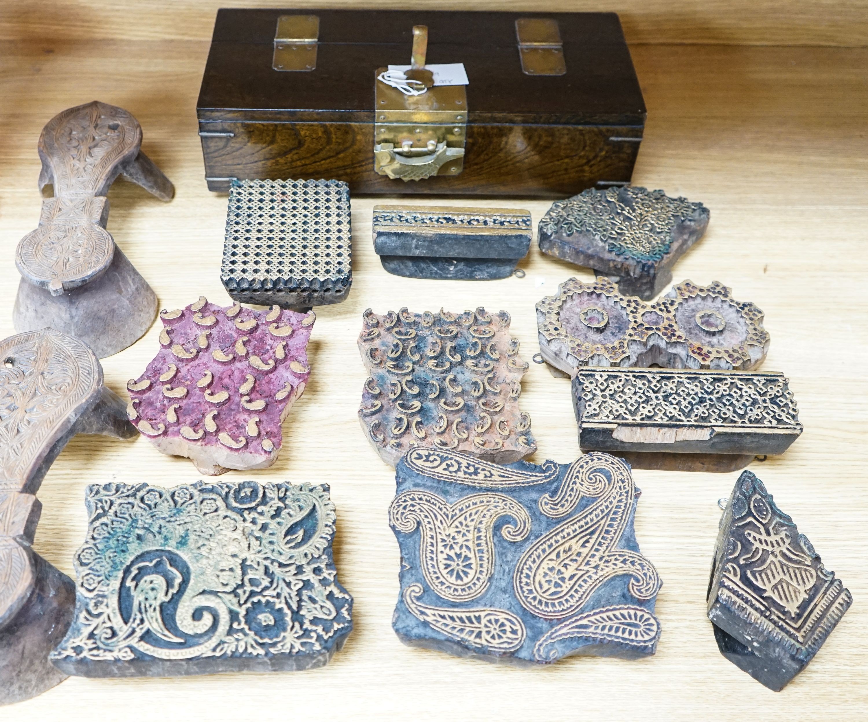 A mixed group of Indian fabric printing blocks and a Chinese wood box, 40.5cm